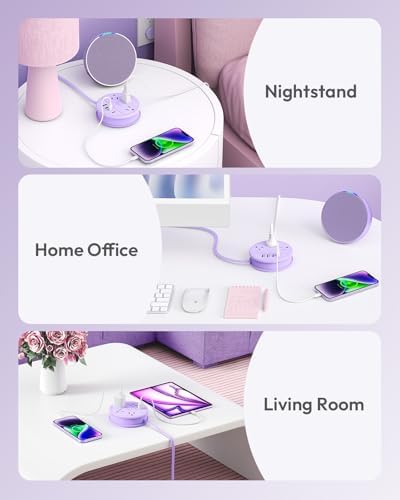 Stylish NTONPOWER Purple Extension Cord with 3 AC Outlets & 4 USB Ports (2 USB-C) – 4 FT Flat Power Strip for Kawaii Dorm & Office Decor – Compact, Versatile Charging Station for Modern Workspaces