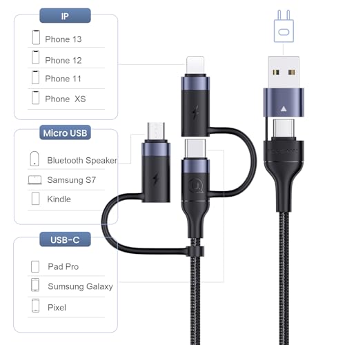 60 W PD USB C Multi-Functional Fast Charging Cable – 5-in-1 Nylon Braided Cord for Universal Compatibility with Laptops, Tablets, and Smartphones (4 FT, Grey) – Rapid Power Delivery with 3 A Fast Sync Technology