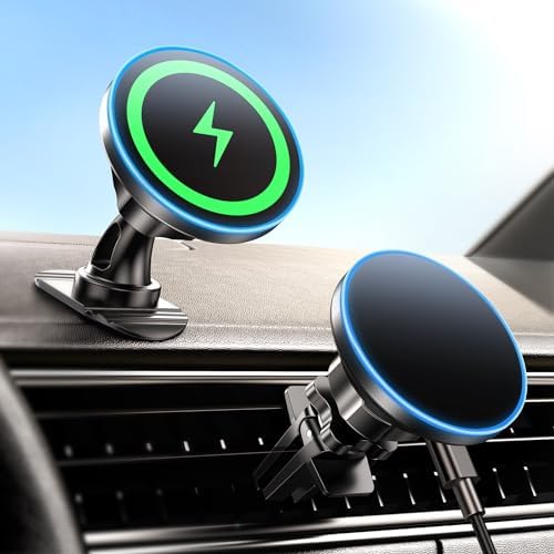 15 W Magnetic Wireless Car Charger & Mount for i Phone 16 – Dual Function Fast Charging with Mag Safe Compatibility – Secure Vent/Dashboard Installation for i Phone 12 to 15 Series – Sleek, Reliable Design for On-the-Go Convenience – Ultimate Hands-Free Navigation Solution