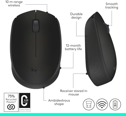 Logitech M170 Wireless Mouse – Ultra-Responsive Optical Tracking, Ambidextrous Design for All Users, 2.4 GHz USB Mini Receiver, 12-Month Battery Life, Perfect for PC, Mac & Laptop – Elevate Your Productivity with Seamless Wireless Freedom