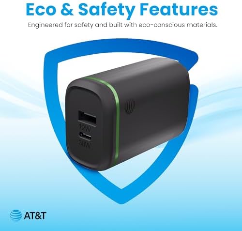 AT&T 40 W USB-C Fast Charging Wall Adapter – Ultimate Travel Companion with Foldable Prongs for i Phone, i Pad, Samsung Galaxy, Google Pixel & More – Universal Compatibility for Rapid Power Delivery Anytime, Anywhere