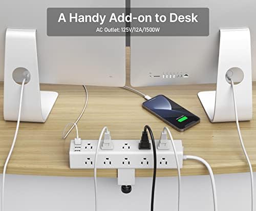 CCCEI 15-Outlet Desk Clamp Power Strip – Ultimate Surge Protector with Fast Charging USB Ports, 6 FT Flat Plug for Enhanced Accessibility, Compatible with 1.6-Inch Tabletops, Sleek Black Design for Modern Workspaces