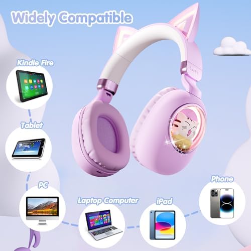 Bluetooth Cat Ear Kids Headphones – Wireless & Wired Over-Ear Noise Cancelling with Microphone, LED Lights, 85 d B Volume Limit for Safe Listening – Ideal for Travel & Home Use, Ultimate Comfort & Compatibility