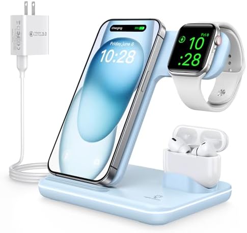 WAITIEE 3-in-1 Wireless Charging Station for i Phone, Apple Watch & Air Pods – Fast, Stylish Blue Charger with Enhanced Compatibility for i Phone 16, 15, 14, 13, 12, 11, X, 8 & Air Pods Pro – Ultimate Travel-Friendly Charging Solution with Safety Features