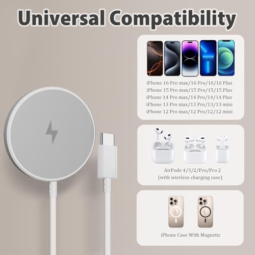 Enhanced 6 FT Magnetic Wireless Charger for i Phone – 15 W Fast Charging Pad with 20 W USB-C Adapter – Ultimate Compatibility for i Phone 16/15 Series & Air Pods – Secure Magnetic Alignment & Intelligent Safety Features – Travel-Friendly Design for Effortless Charging at Home, Office, or On-the-Go – Experience 3 X Faster Charging with Robust Protection Against Overheating and Short-Circuiting – Perfect for Mag Safe Cases – Say Goodbye to Cable Clutter with This Sleek, Ultra-Thin Charger – Ideal for Modern Mobile Users Seeking Efficiency and Reliability in Power Solutions – Charge Safely and Swiftly While Enjoying Your Device – Get Yours Today for Unmatched Convenience in Wireless Charging!
