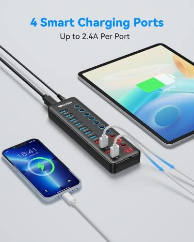 Maximize Your Connectivity with the Wenter 11-Port Powered USB 3.0 Hub – Fast Data Transfer & Smart Charging for Mac and PC Users, Featuring Individual LED Control and Reliable Power Adapter for Enhanced Versatility