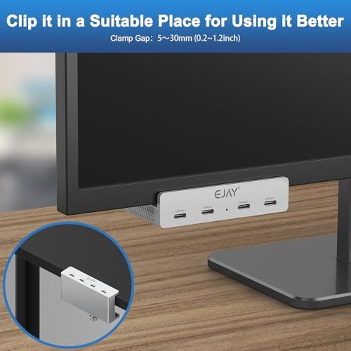 EJAY Ultra-Fast 10 Gbps Aluminum USB C Hub – 4-Port Docking Station with Secure Clamp Design, Extra Power Supply, 47″ Data & 39″ Power Cables – Sleek Silver Finish for Maximum Device Connectivity & Workspace Efficiency