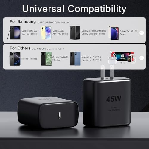 Samsung 45 W Ultra-Fast USB-C Charger with 6 ft Cable – Efficient Power Delivery for Galaxy S25/S24/S23/S22/S21/Note 10/Tablets – Compact, Travel-Friendly Design with Advanced Safety Features for Optimal Charging Performance