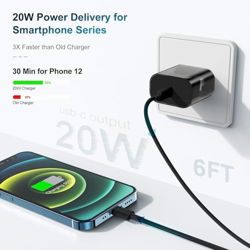 Ultra-Fast 20 W USB-C Charger with 6-Foot Lightning Cable – Convenient 3-Pack for i Phone 14/13 Pro, Ideal for Home and Travel – Superior Durability and Extended Reach for Effortless Charging Anytime