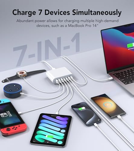 185 W Ga N USB-C Multi-Device Charging Hub – 7-Port Fast Charger for Mac Book Pro/Air, i Pad Pro, i Phone 16/15/14, Air Pods 4 & Watch Ultra 2 – Compact Power Adapter with Advanced Safety Features for Seamless Connectivity and Efficient Charging Solutions