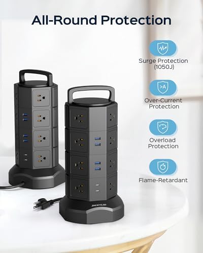 JACKYLED Power Strip Tower Surge Protector with 12 Outlets and 6 USB Ports (2 USB-C) – High-Speed Charging Station with 1050 Joules Protection, 1625 Watts, 6.5 ft Extension Cord for Enhanced Home Office Efficiency and Device Safety