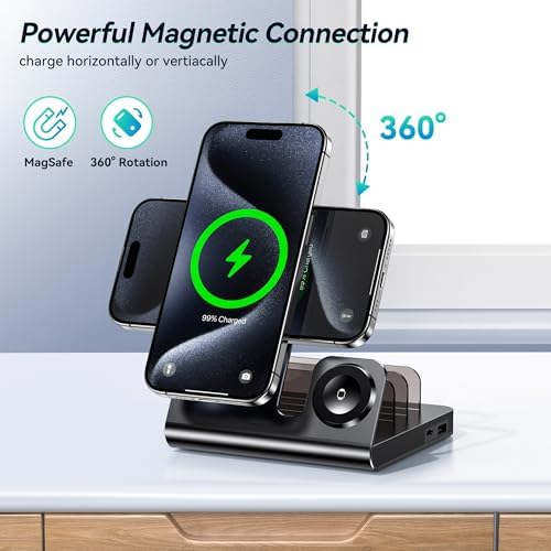 Ultimate 5-in-1 Magnetic Wireless Charging Station for Apple Devices – Fast Mag-Safe Charger Stand for i Phone 16/15/14/13/12 Pro Max, i Watch Series, & Air Pods Pro – Sleek Black Design for Enhanced Compatibility & Rapid Power-Up