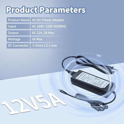 Universal 12 V 5 A Waysse AC DC Power Adapter – Efficient Transformer from 100-240 V to 12 Volt for LED Strip Lights, DVR, NVR, and CCTV Systems – Compact and Versatile Power Supply for Enhanced Device Performance and Compatibility