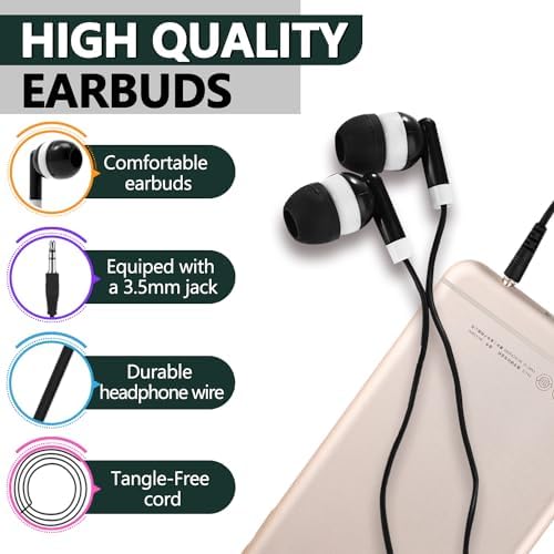 Bulk 100 Pack Classroom Earbuds – Lightweight and Durable Headphones for Enhanced Student Focus, Tangle-Free Design Perfect for Interactive Learning, Compatible with Tablets and Laptops, Ideal Audio Solution for Group Activities and Educational Presentations