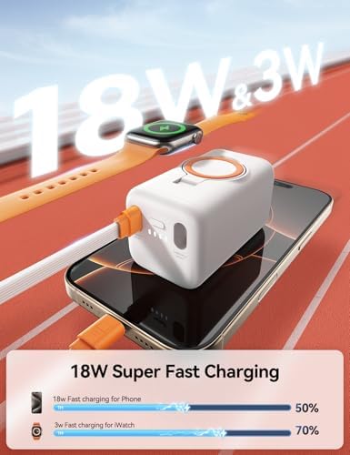 Revolutionary 3-in-1 Magnetic Power Bank: 18 W Fast Wireless Charger for Apple Watch, i Phone & Samsung – 5000 m Ah Portable Charger with Integrated Cable in Elegant White for Ultimate On-the-Go Energy Solution and Seamless Device Compatibility