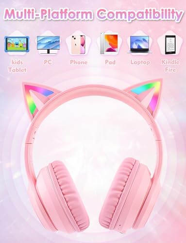 Whimsical Cat Ear Bluetooth Headphones for Kids & Adults – Immersive Hi-Fi Sound, 55-Hour Playtime, LED Light-Up Design, Built-In Microphone, and Universal Compatibility with i Phone, i Pad, Laptop & PC for Ultimate Fun and Comfort