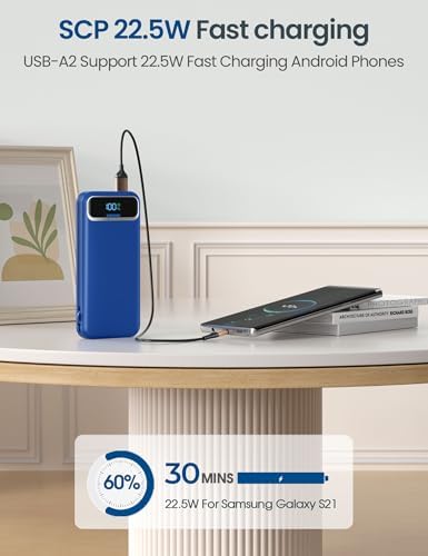 12000 m Ah Ultra-Light Portable Power Bank with Built-In Cables & AC Wall Plug – PD20 W USB-C Fast Charging for i Phone, Samsung & Android – LED Display for Battery Monitoring – Ultimate Travel Companion for Quick Device Recharging