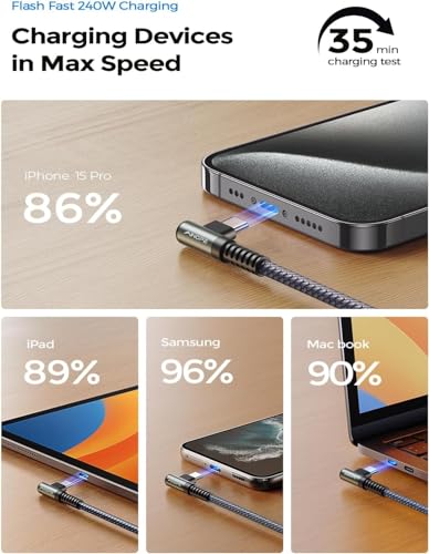 Optimize your charging setup with the AINOPE 240 W USB C to USB C Cable, a 6-foot powerhouse engineered for ultimate speed and flexibility. Featuring a right-angle connector, this fast charging cable is perfect for gaming or multitasking without the clutter of tangled cords. Compatible with the latest devices, including i Phone 16 Pro Max, i Phone 15, Mac Book Air/Pro, i Pad Pro, Samsung Galaxy, and Pixel, it delivers an impressive 240 W power output for rapid charging. The dual-pack offers exceptional value, ensuring you have a reliable charging solution wherever you go. Built with premium materials for durability, the sleek grey and blue design enhances your tech aesthetic while providing long-lasting performance. Elevate your device charging experience with this versatile cable, designed for both home and office use, while ensuring seamless connectivity across all your electronics.