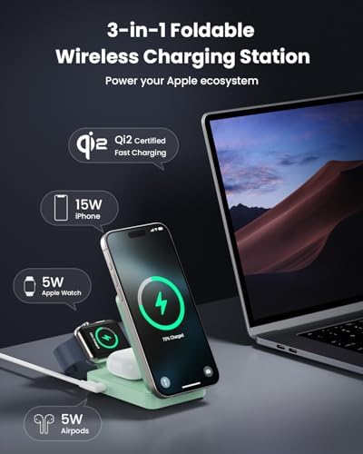 3-in-1 Qi2 Certified Wireless Charging Station – 15 W Fast Magnetic Charger for i Phone 16/15/14/13/12, Apple Watch, Air Pods – Foldable Design with 30 W USB-C Adapter for Ultimate Compatibility and Efficiency – Elevate Your Charging Experience with Enhanced Safety Features and Versatile Viewing Angles