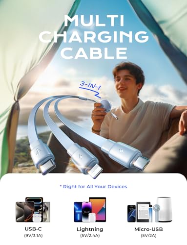 LISEN Multi Charging Cable, 3 in 1 Charging Cable, Retractable Car Charger with Type C/L/Micro USB Ports for iPhone 16 15 14 Pro Max/Samsung Galaxy S25/PS/Kindle, Multi Chargers for All Devices – Enhanced Compatibility and Speed