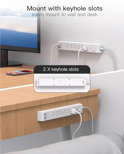 Dual Pack 12 FT Power Strip with 6 AC Outlets & 4 USB Ports, Including 2 USB-C – Versatile Surge Protector for Home, Office, and Dorm Use – Space-Saving Flat Plug Design, Wall Mountable for Ultimate Convenience and Safety