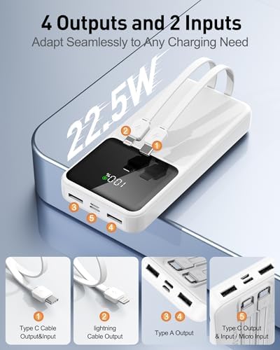 26800 m Ah High-Capacity Portable Fast Charger with Built-in Cables – 22.5 W Power Bank Featuring PD 3.0 & QC 4.0, LED Display for Real-Time Power Monitoring, Ultimate Travel Essential for i Phone, Samsung, Google Devices – Multi-Device Charging with Safety Protections and Universal Compatibility