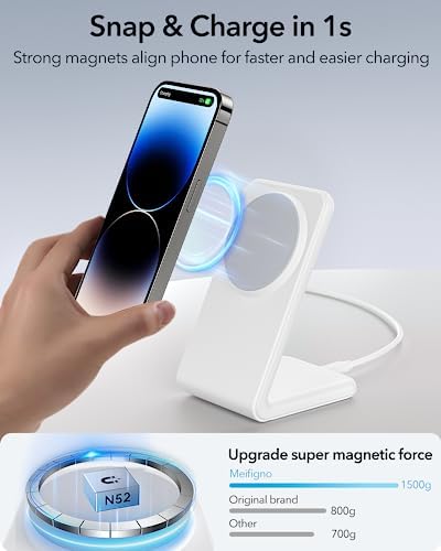 Meifigno Dual Pack Mag Safe-Compatible Fast Wireless Charger Stand with 20 W USB-C Block & 2 USB-C Cables – Premium Charging Solution for i Phone 16 Pro Max, 15, 14, 13, 12 & Air Pods 4/3/Pro – Sleek Design for Efficient Device Powering and Enhanced Compatibility