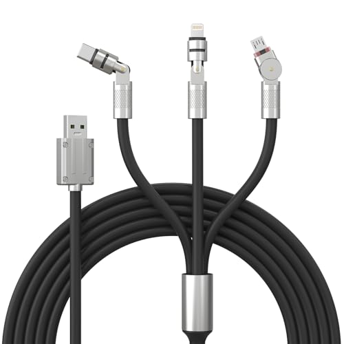 Revolutionary 3-in-1 Multi Charging Cable for All Devices – 90-Degree Angle Connector & 360° Rotating Design for Optimal Flexibility – USB-C, Lightning & Micro-USB Compatibility – 60 W Rapid Charge & Data Sync – 6 FT Tangle-Free Length for Maximum Convenience and Durability – Perfect for i Phone, Android, and More