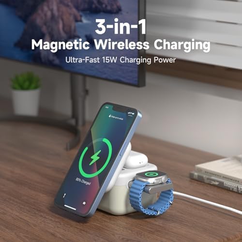Revolutionize Your Charging Routine with the 3-in-1 Magnetic Fast Charger Stand – 15 W Power for i Phone, Air Pods, and Apple Watch with 33 W Digital Adapter, Portable Foldable Design for Effortless Travel and Enhanced Compatibility