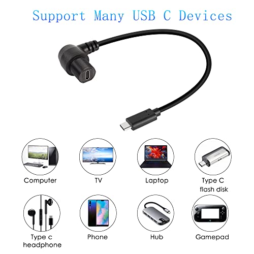 QIANRENON 90 Degree Right Angle USB C 3.1 Extension Cable – 10 Gbps Waterproof Panel Mount Solution, 30 cm Length for Streamlined Connectivity in Compact Spaces – Ideal for Vehicles and Workstations