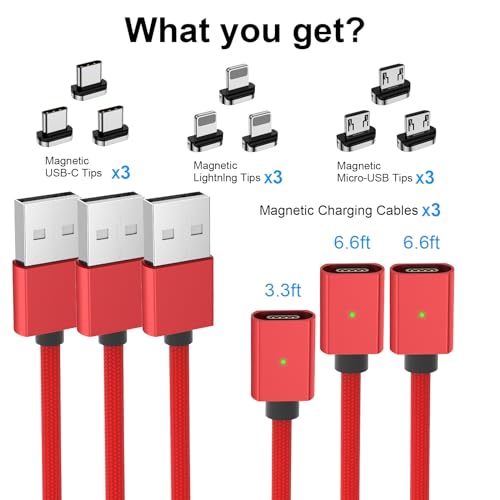 Revolutionize Your Charging Experience with the 3-in-1 Magnetic Charging Cable Set – Fast 3 A Power Delivery, Nylon Braided Durability, and LED Indicator (3 Pack: 3.3 ft, 6.6 ft, 6.6 ft) for USB-C and Micro-USB Devices – Versatile Connectivity and Effortless Use