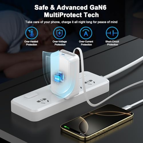 45 W Retractable Wall Charger with Type-C Cable – Fast USB-C Power Delivery for i Phone 16/15 Pro Max, i Pad Pro, Galaxy, and Pixel – Compact Travel Charger with Foldable Plug for Tangle-Free Convenience and Enhanced Compatibility