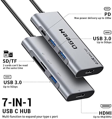 Elevate Your Connectivity Game with the QGee M 7-in-1 USB C Hub – Ultimate 4 K HDMI Adapter for Mac Book, i Phone 15/16, i Pad Pro Max & Chromebook – 100 W Power Delivery, High-Speed USB 3.0 Ports & Integrated Card Reader in Sleek Grey for Superior Performance and Unmatched Versatility