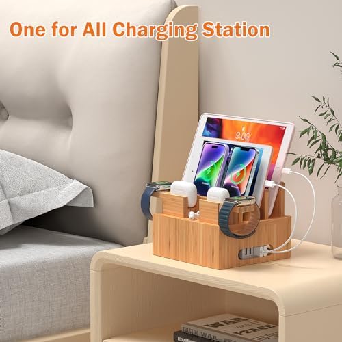 Eco-Friendly Bamboo Multi-Device Charging Hub: Efficient Organizer with Rapid Charge Technology and 5 Premium Cables for Phones, Tablets, Earbuds & Smartwatches – Elegant Power Station for Home & Office Efficiency