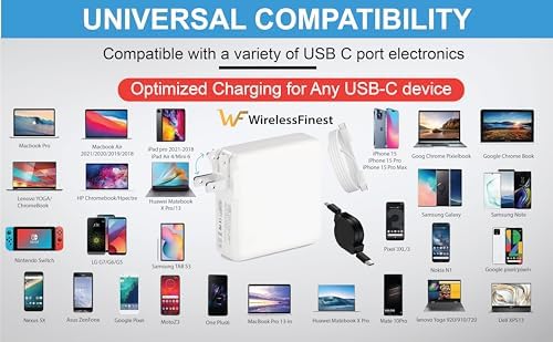 Turbo Charge Your Devices with the 118 W USB-C Power Adapter for Mac Book Pro/Air – 2023/2022 Compatible with Retina M1/M2 and i Pad Pro – Dual High-Power Charging Cables Included – PD 3.0 Technology for Unmatched Speed and Safety – Recharge Mac Book Pro 16” in Just 1 Hour 35 Minutes and 14” to 50% in 30 Minutes – Advanced Overheat and Short Circuit Protection for Worry-Free Use – Ideal for Travel and On-the-Go Charging – CE/FCC/ROHS/UL Certified for Ultimate Reliability – Enjoy a 30-Day Money-Back Guarantee and 12-Month Warranty – Elevate Your Charging Experience Today!