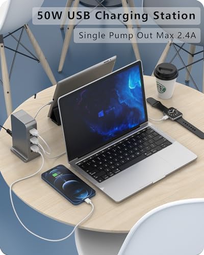 VPSUN 6-Port USB Charging Station – 50 W Rapid Multi-Device Charger for i Phone 15/14 Pro, Androids & Tablets – Space-Saving Tower Design for Home & Office – Smart Power Distribution for Optimal Charging Efficiency