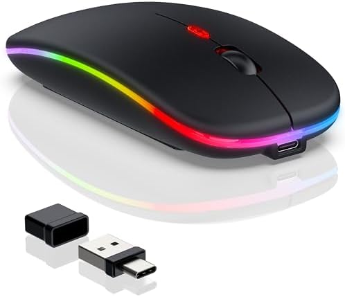 Sleek LED Bluetooth Wireless Mouse for Mac & PC – Rechargeable, RGB Light-Up Design with Dual Connectivity (BT5.2 + 2.4 G USB) – Slim, Portable Mouse with Jiggler Function for Work & Play – Enhanced Performance & Style in White