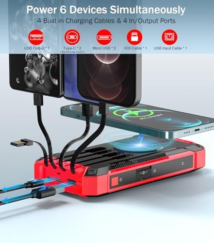 GOODaaa 36,000 m Ah Solar Wireless Power Bank with Built-in 4 Cables, Fast 15 W Charging, 6 Outputs & Dual Flashlights – Ultimate Portable Charger for All Devices with Carabiner for Easy Carrying