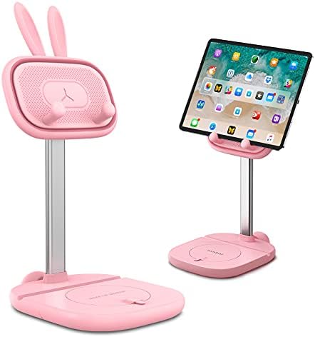 OATSBASF Cute Bunny Tablet Stand for Desk, Adjustable Height Stand Holder Dock Compatible with iPad, Pro 9.7, 10.5, 12.9 Air Mini, Kindle, Nexus, Tab, E-Reader (4-13″) (Pink Plus) – Enhanced Compatibility and Speed