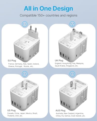 VINTAR Universal Travel Adapter: All-in-One Power Converter with 6 A Output, 3 USB-C and 2 USB Ports for Fast Global Charging Across Europe, UK, USA, and Australia – Essential Travel Accessory for Effortless Device Connectivity and Safety Features