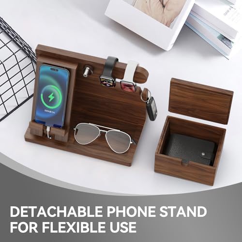 Walnut Wood Phone Docking Station with Wireless Charging, Nightstand Organizer for Men & Women, Compatible with iPhone/Samsung/Apple Watch/AirPods, Gifts for Dad, Husband, Anniversary, Birthday – Enhanced Compatibility and Speed