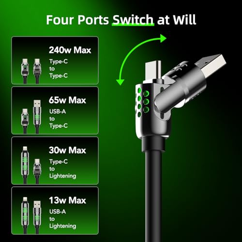 Ultimate 4-in-1 USB C Charging Cable – 6.6 Ft High-Power Type C to Type C Charger for i Phone 16/15/14 Pro Plus, i Pad, Mac Book Pro/Air – 240 W Fast Charge & Multi-Device USB-A Compatibility for Seamless Power Solutions