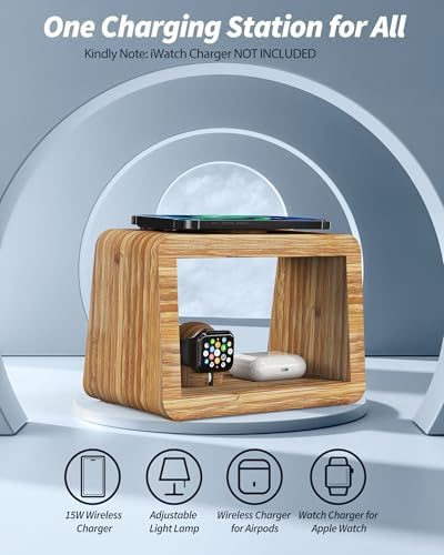 Eco-Friendly 3-in-1 Bamboo Wireless Charging Hub with Night Light – Fast Mag-Safe Charger for i Phone 16/15/14/13/12 Pro Max/X/Xs Max/8, Compatible with Air Pods Pro & Apple Watch – Stylish Solution for Tangle-Free Charging and Enhanced Nighttime Convenience