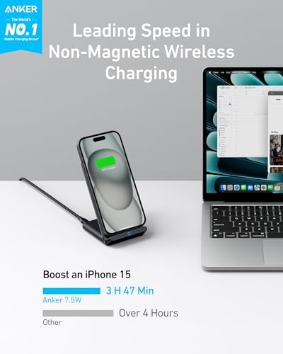 Anker 313 Qi-Certified Fast Charging Stand – 10 W Wireless Charger for i Phone 16 Series & Galaxy S23/S22/S21 – Sleek, Portable Design with Non-Slip Base – Perfect for Home, Office, or Travel – Enhance Charging Efficiency & Style Effortlessly
