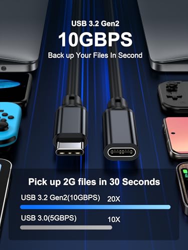 10 FT 90 Degree Right Angle USB C Male to Female Extension Cable – High-Speed USB 3.1 Gen 2, 10 Gbps Data Transfer, 100 W Power Delivery, 4 K Video Ready, Ideal for Mac Book Pro, i Pad Pro, Nintendo Switch, Dell XPS, Surface Go, PSVR2, and i Phone 15 – Ultimate Flexibility and Enhanced Durability for All Your Device Connections