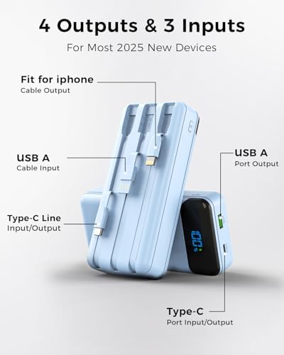 Ultra High Capacity 40,000 m Ah Portable Power Bank with Integrated Cables – 22.5 W PD Fast Charging Solution for i Phone 16/15/14/13, Samsung Galaxy S24/S23/S22/S21 & More – 5 Output Ports & 3 Input Options for Multi-Device Compatibility – Precision LED Display for Real-Time Power Monitoring – Lightweight & Compact Design Perfect for Outdoor Adventures, Travel, Camping, and More – Versatile Backup Battery for Smart Devices Including Tablets, Cameras, and More – Ultimate Charging Convenience Wherever You Go