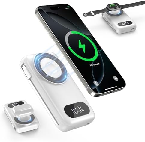 26800 m Ah Magnetic Portable Power Bank for i Phone & Android – 6-in-1 Wireless Charger with Built-in Cables for i Watch & Air Pods – Fast Charging Solution with Enhanced Safety Features – Compatible with All Major Devices (White)
