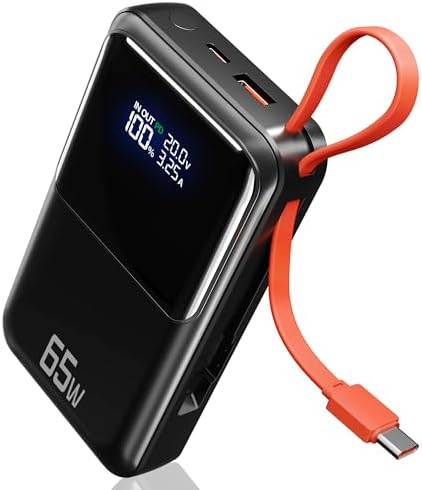 Ultimate 65 W Portable Laptop Power Bank – 27,000 m Ah Triple Port Fast Charger with Integrated USB-C & Lightning Cables | TSA-Compliant for Hassle-Free Travel | Smart Display & Enhanced Safety Features for Mac Book, i Phone, & Steam Deck | Your Essential On-the-Go Charging Solution for Maximum Productivity
