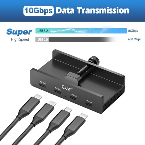 Transform Your Workspace with the EJAY Ultra-Fast 10 Gbps USB C Hub – Premium Aluminum Docking Station Featuring 4 USB 3.2 Ports, Innovative Desk Clamp Design, Additional Power Supply Port, and Extra Long Data/Power Cables for Superior Device Connectivity and Productivity Enhancement