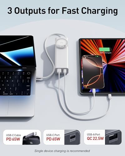 Ultimate i WALK 20000 m Ah Laptop Power Bank – Fast Charging 65 W Portable Charger with Retractable USB-C Cable & LED Display – Triple Output Compatibility for Mac Book Pro/Air, i Phone 16/15 Series, i Pad Pro, Samsung S25/S24 – On-the-Go Power Solution for Busy Professionals